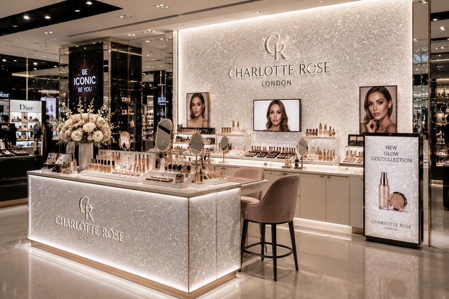 Cosmetics counter with glitter surfaces