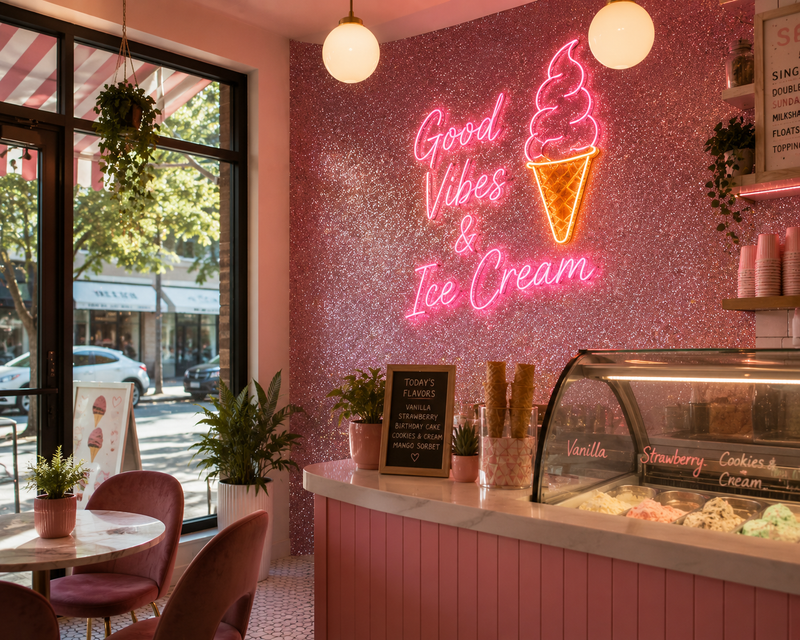 Restaurant neon sign on glitter wall
