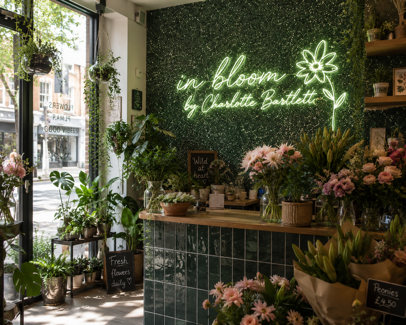 Store neon sign on glitter wall