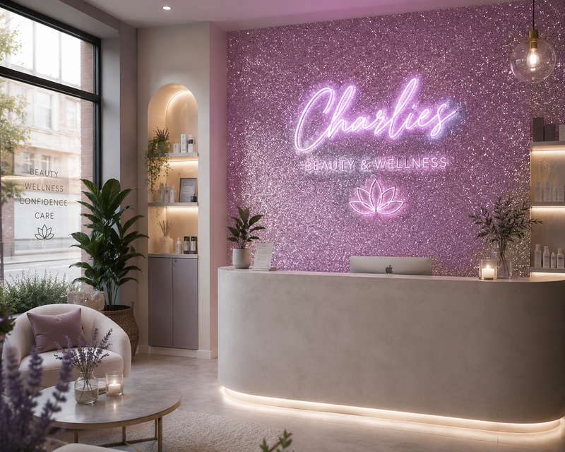 Salon neon sign on glitter wall